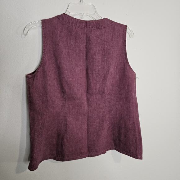 Flax Sleeveless Top Plum Washable Linen Sleeveless V-Neck Button Accent Size S - Picture 4 of 7